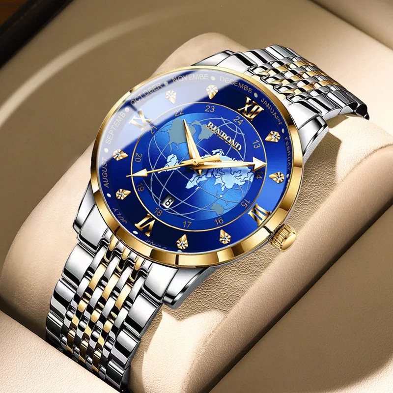 

Fashion Luminous Pointer Earth Dial Auto-date Roman Numeral Waterproof Quartz Watch Steel Strap Mens Business Wristwatch