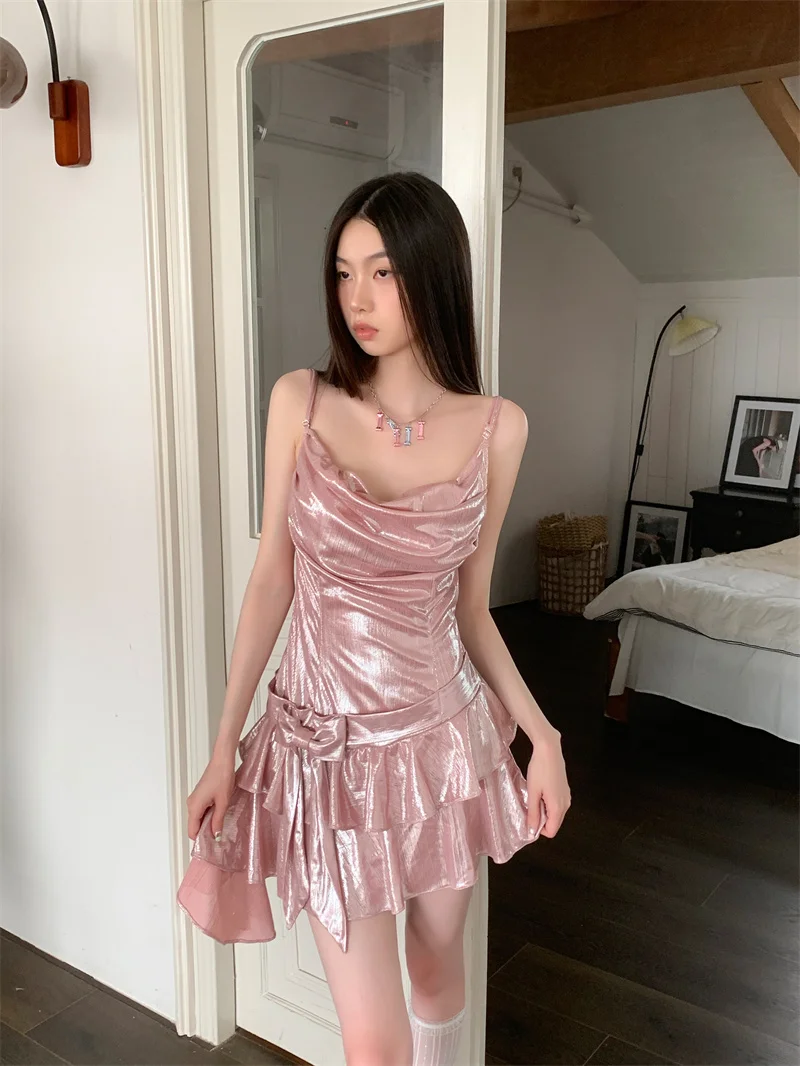 

Women's Pink Low Cut Suspender Dress Retro Style Summer New Unique Design Chic Sexy Female Multi Layered Ruffled A-line Skirt