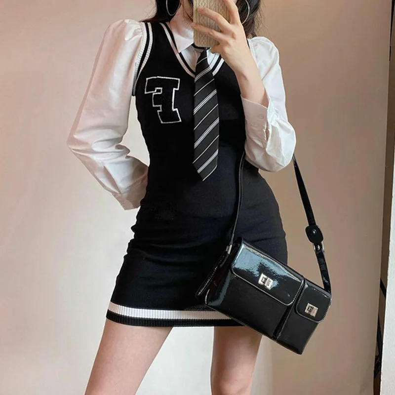 INS Academy Style Contrast Knitted Tank Top Dress Striped Tie Waist Wrapped Long Sleeve Shirt Women's Two Piece Set 
INS Academy Style Contrast Knitted Tank Top Dress Striped Tie Waist Wrapped Long Sleeve Shirt Women's Two Piece Set