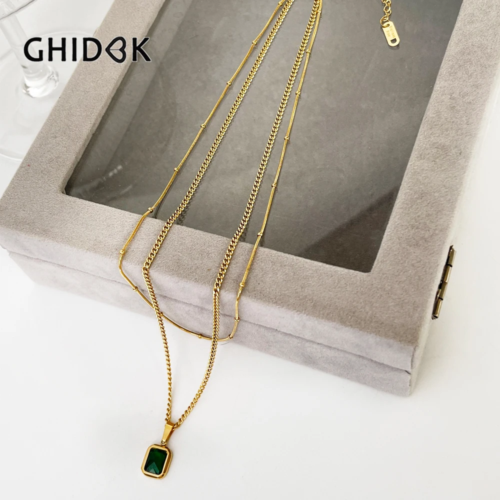 

GHIDBK Pretty Green Cz Zircon Rectangle Pendant Double Chain Layered Necklace for Women Stainless Steel Gold Plated Jewelry