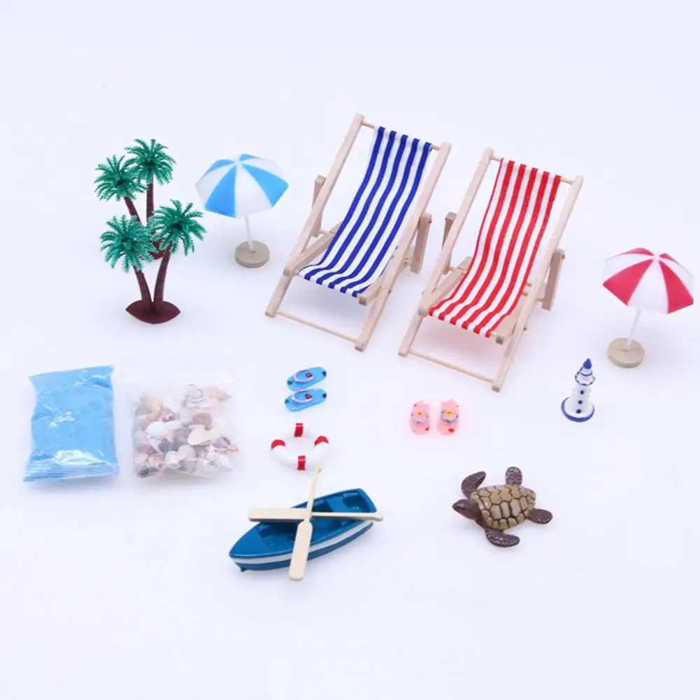 

Dollhouse Beach Set Charming Dollhouse Miniature Summer Beach Set with Deck Chairs Parasols Palm Trees for Diy Decoration