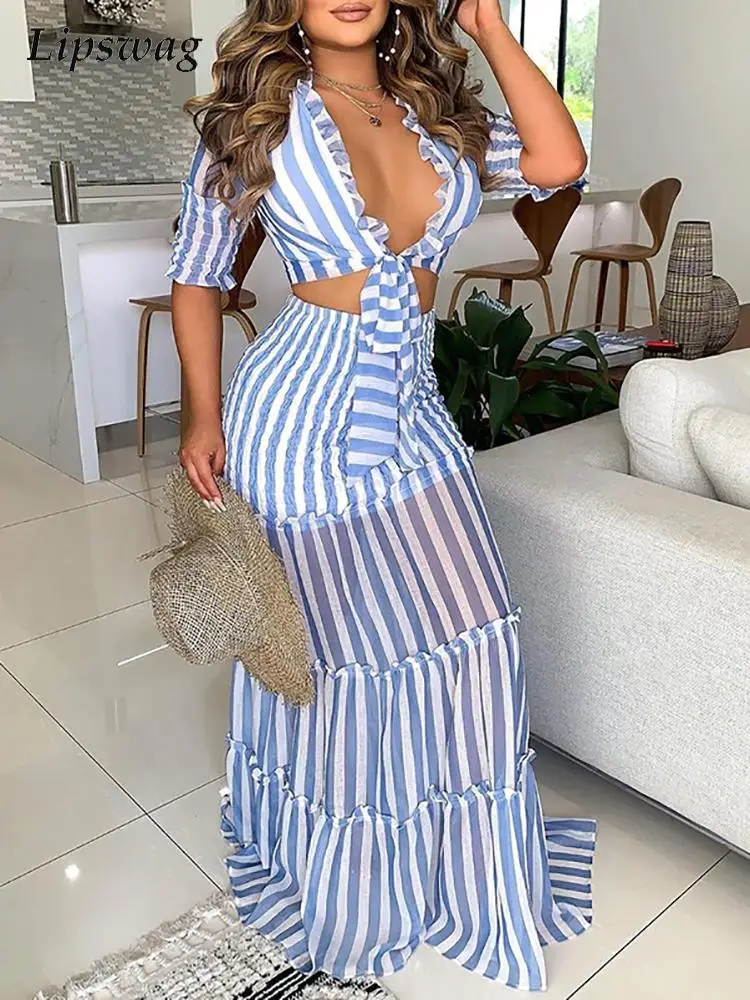 Summer Sexy V-Neck Striped Two Piece Set Women Fashion Short Sleeve Top And Perspective Suit Lady Casual Hollow Out Ruffled Set
Summer Sexy V-Neck Striped Two Piece Set Women Fashion Short Sleeve Top And Perspective Suit Lady Casual Hollow Out Ruffled Set