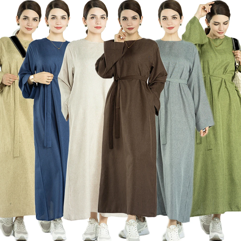 

Muslim Women Maxi Dress Belted Pocket Abaya Kaftan Arabic Robe Ramadan Gown Caftan Eid Mubarak Djellaba Femme Longue Musulmane