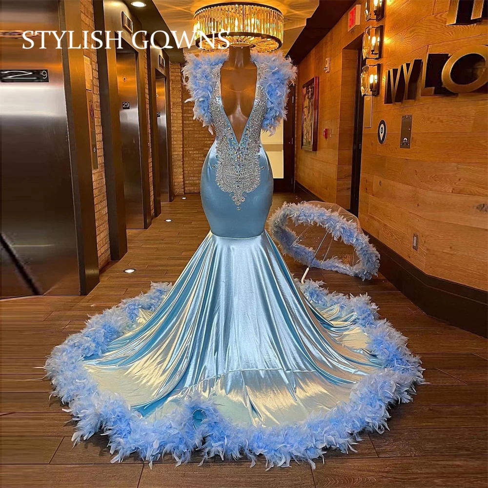 Luxury Sky Blue Deep V Neck Evening Dress Sparkly Beaded Crystal Birthday Party Gowns For Black Girls Feathers Long Prom Gown
Luxury Sky Blue Deep V Neck Evening Dress Sparkly Beaded Crystal Birthday Party Gowns For Black Girls Feathers Long Prom Gown