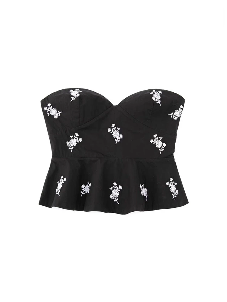 

TRAF Tanks Women Fashion Floral Embroidered Cropped Poplin Bustier Tops Vintage Strapless Side Zipper Female Camis Mujer