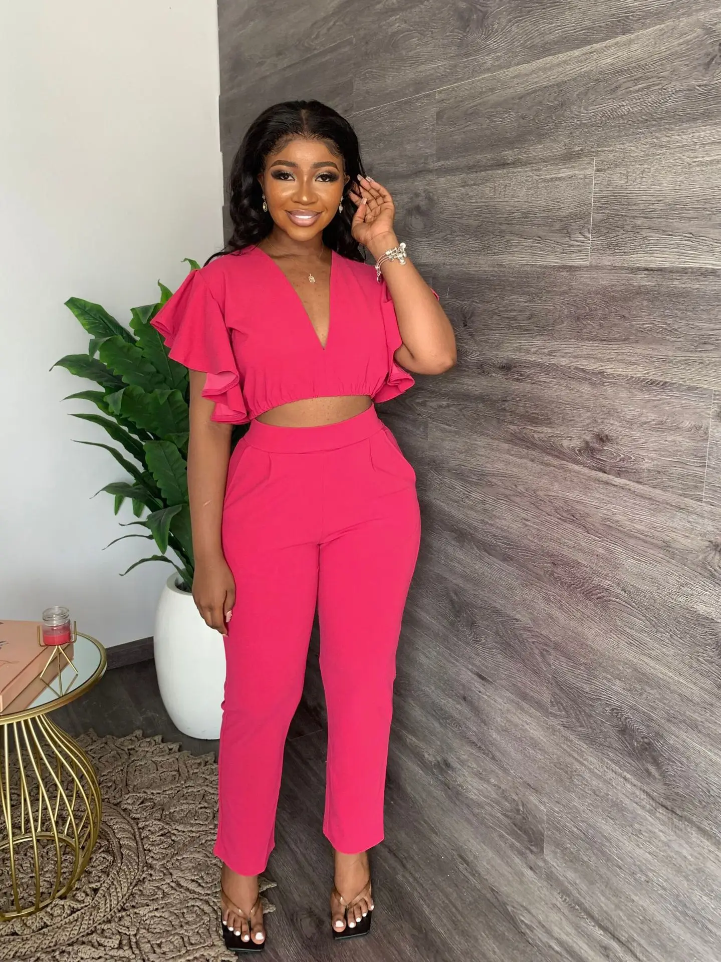 Women Summer Fashion Two Piece Set Casual V Neck Ruffle Sleeve Top Straight Pants Two Piece Suit Female
Women Summer Fashion Two Piece Set Casual V Neck Ruffle Sleeve Top Straight Pants Two Piece Suit Female