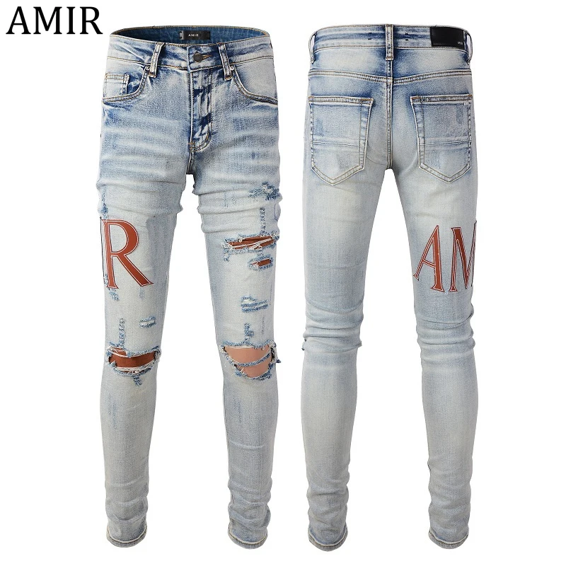 Ripped Stretch AMR I Denim Pants Hip Hop Jean Men Vintage Light Blue Leather Patchwork Letter Biker Jean Motorcycle Slim Skinny
Ripped Stretch AMR I Denim Pants Hip Hop Jean Men Vintage Light Blue Leather Patchwork Letter Biker Jean Motorcycle Slim Skinny