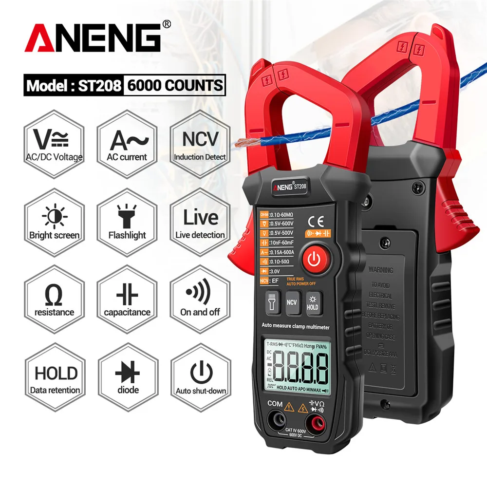 ANENG ST208 Digital Clamp Meter Multimeter Car 6000 counts AC/DC Current Measure Transistor Tester Voltimetro Amperimetro
ANENG ST208 Digital Clamp Meter Multimeter Car 6000 counts AC/DC Current Measure Transistor Tester Voltimetro Amperimetro