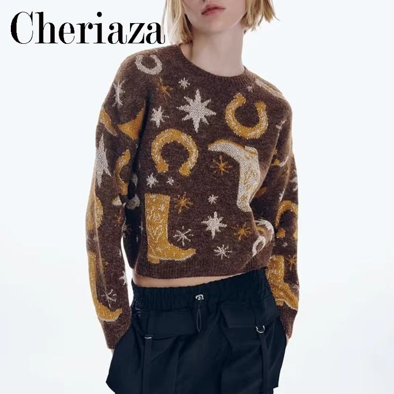 Женский жаккардовый свитер с круглым вырезом и длинным рукавом 
Женский жаккардовый свитер с круглым вырезом и длинным рукавом