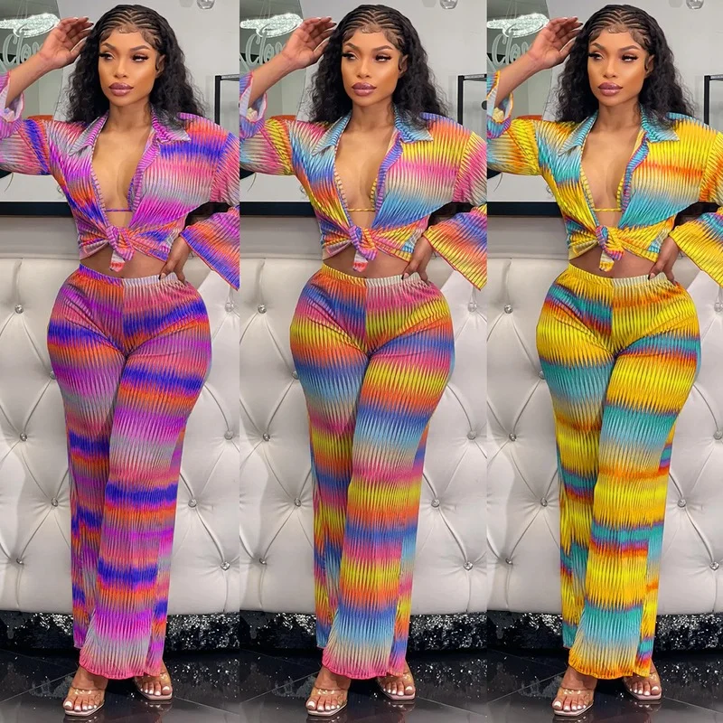Women Slim Fit Printed Three-Piece Set Suit Women Long Sleeve Lace-up Turn-down Collar Shirt Bra High Waist Wide Leg Pants Suit
Women Slim Fit Printed Three-Piece Set Suit Women Long Sleeve Lace-up Turn-down Collar Shirt Bra High Waist Wide Leg Pants Suit