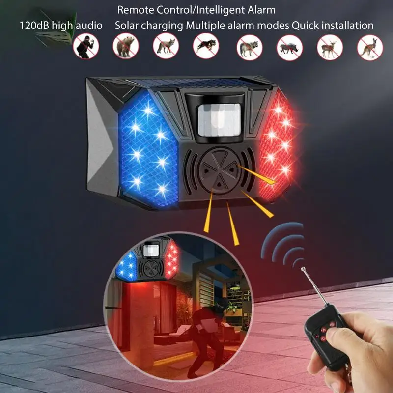 Solar Security Alarm Lights 4 Modes Waterproof 129dB Sounds Dog Barking Sound Light Strobe Warning Lamp For Farm With Control 
Solar Security Alarm Lights 4 Modes Waterproof 129dB Sounds Dog Barking Sound Light Strobe Warning Lamp For Farm With Control