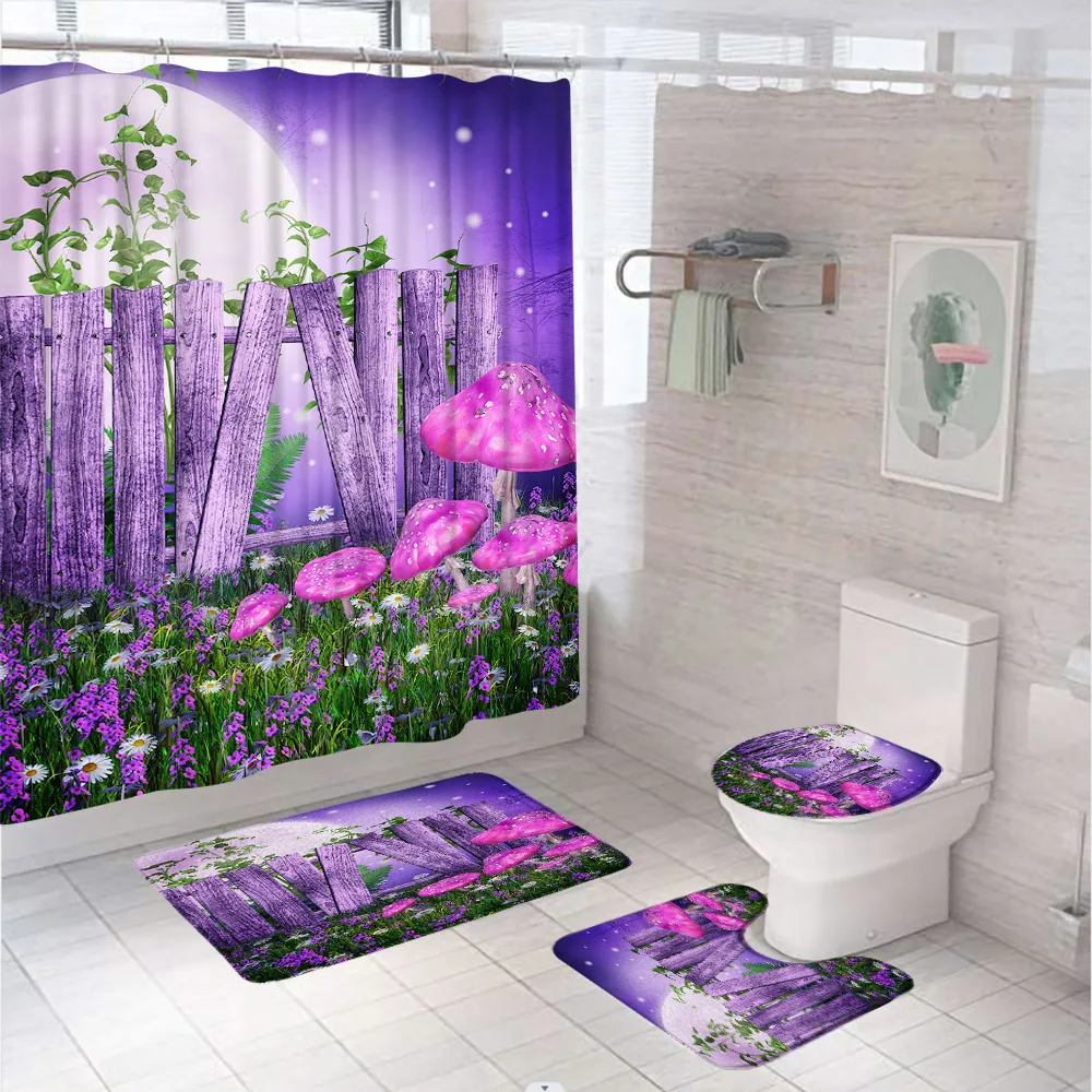 Fantasy Enchanted Forest Mushroom Shower Curtain Sets Purple Flower Daisy Fence Bathroom Curtains Bath Mat Rug Lid Toilet Covers
Fantasy Enchanted Forest Mushroom Shower Curtain Sets Purple Flower Daisy Fence Bathroom Curtains Bath Mat Rug Lid Toilet Covers