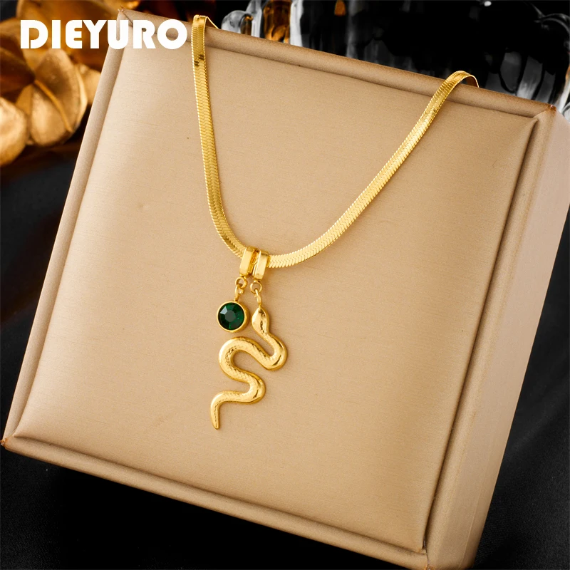 

DIEYURO 316L Stainless Steel Green Crystal Snake Pendant Necklace For Women Girl New Trend Clavicle Chain Jewelry Gift Party