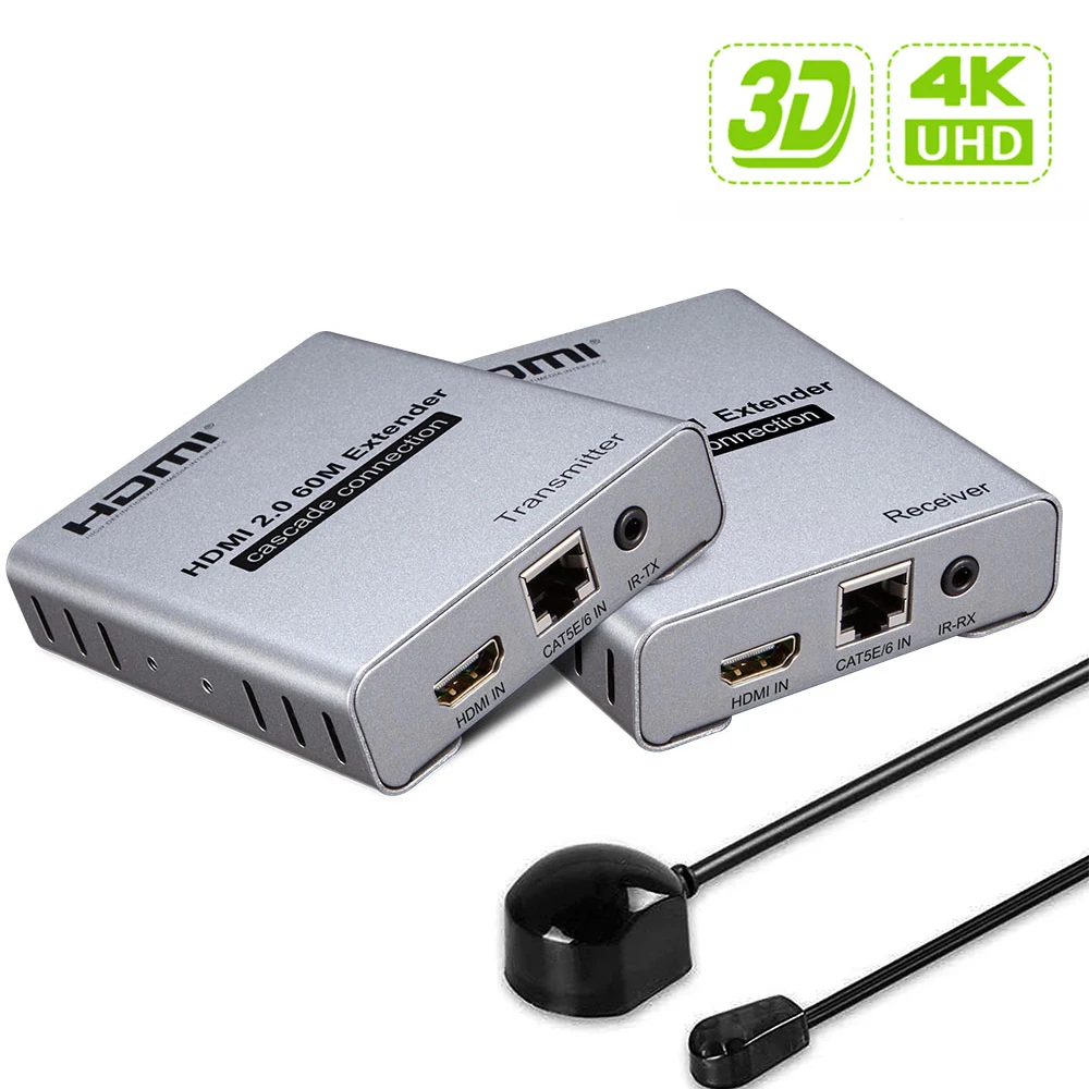 

4K 60Hz HDMI 2.0 Extender 60M HDMI Cascade Connection 1080P HDMI Splitter Extender 120M By Rj45 CAT5e/6 Support 1 TX to Multi RX