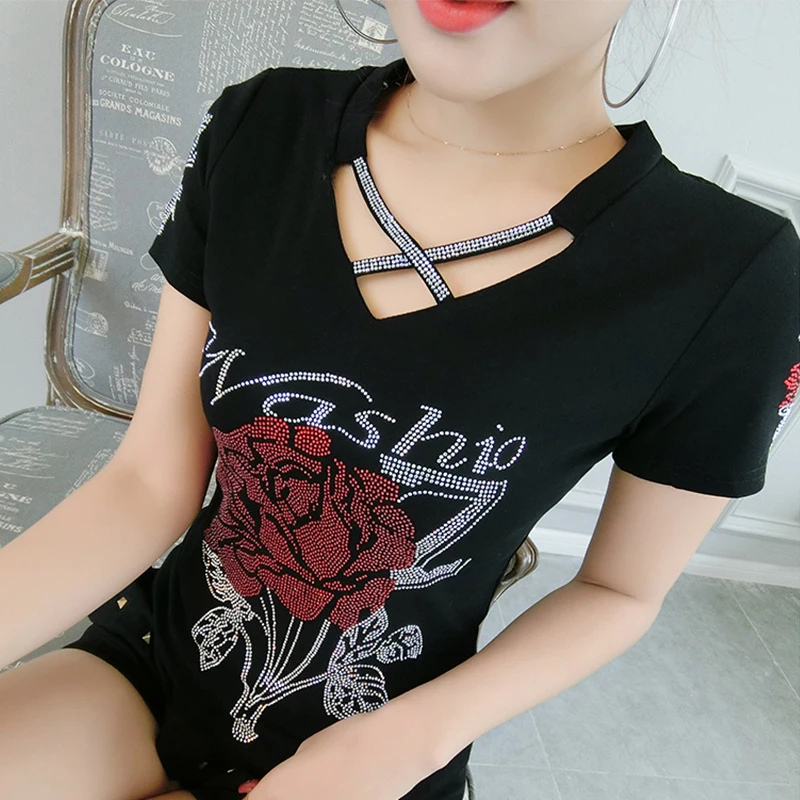 Summer Korean Clothes T-Shirt Fashion Sexy Hollow Out Diamonds Rose Flower Cotton Women Tops Short Sleeve Drilling Hot Tees 9040
Summer Korean Clothes T-Shirt Fashion Sexy Hollow Out Diamonds Rose Flower Cotton Women Tops Short Sleeve Drilling Hot Tees 9040