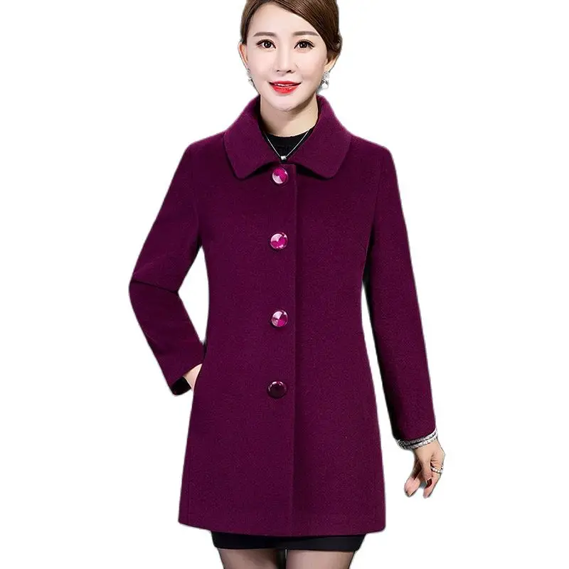

New Women Woolen Coat Tops Mid-Length Single-Breasted Loose Lapel Wool Jacket 2022 Spring Autumn Coat Outerwear Mother Clothes