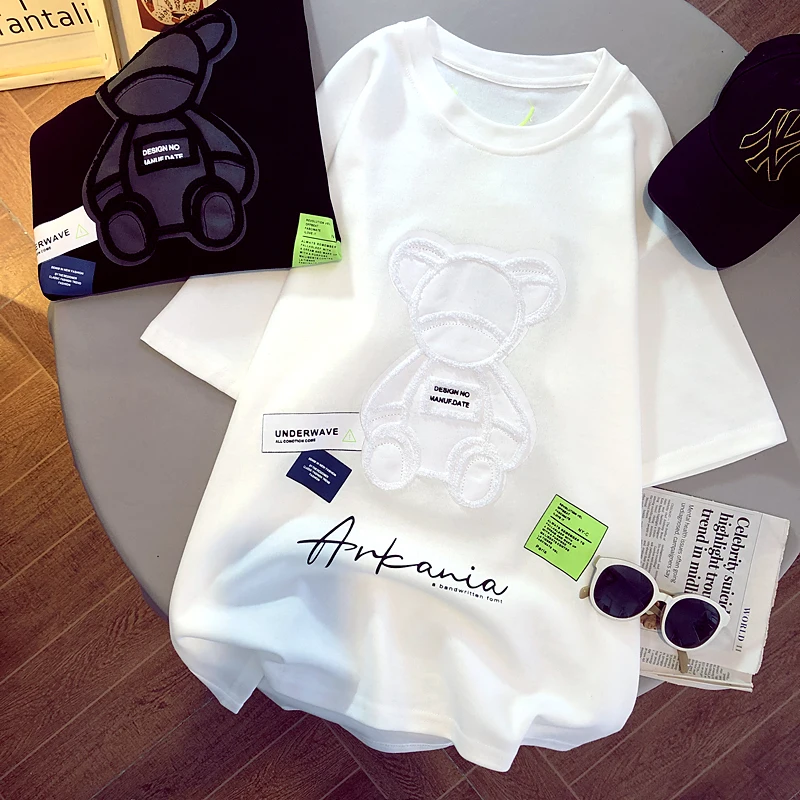 Women's T-shirts Harajuku Girls Plus Oversize Tops O-neck Short Sleeves Loose Summer Tshirt Embroidery Bear White Black Tees
Women's T-shirts Harajuku Girls Plus Oversize Tops O-neck Short Sleeves Loose Summer Tshirt Embroidery Bear White Black Tees