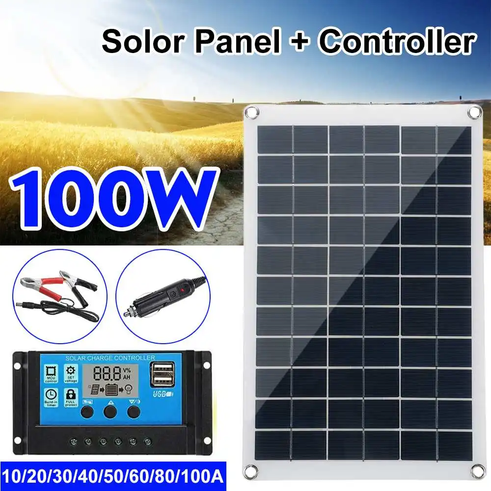 100w Solar Panel Kit Complete 12V USB With 10/20/30A Controller Solar Cells for Hiking Car Yacht RV Moblie Phone Battery Charger
100w Solar Panel Kit Complete 12V USB With 10/20/30A Controller Solar Cells for Hiking Car Yacht RV Moblie Phone Battery Charger