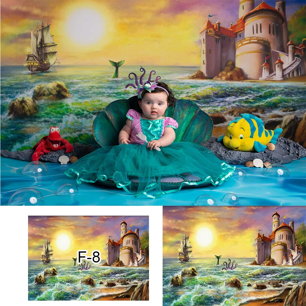 

Mermaid Princess Photocall 1st Birthday Decor Photography Background Sea Castle Baby Girl Cake Smash Backdrop Photo Studio Prop