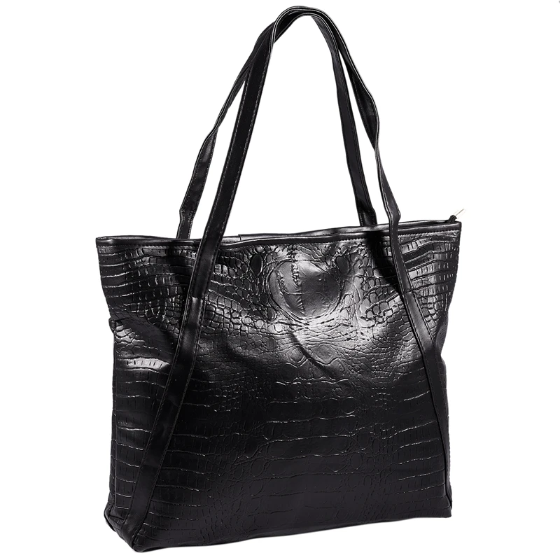 

New Fashion Casual Glossy Alligator Totes Large Capacity Ladies Simple Shopping Handbag PU Leather Shoulder Bags(Black)