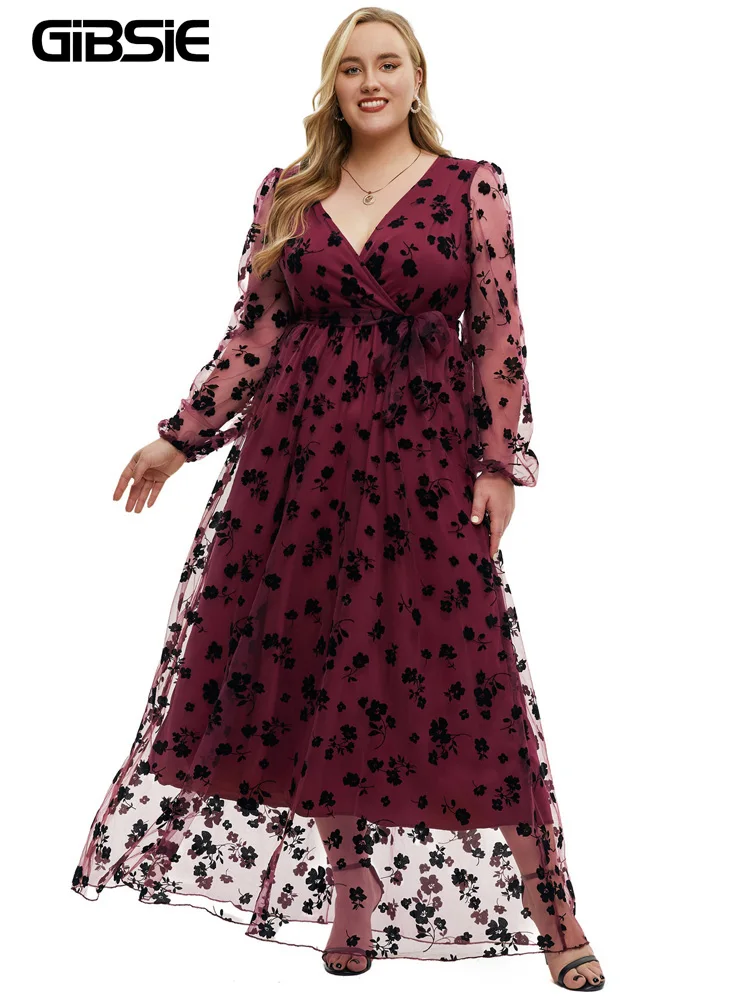 

GIBSIE Plus Size Surplice Neck Floral Mesh Dress Spring Summer Women Elegant Party Puff Sleeve Maxi Long Dresses With Belt