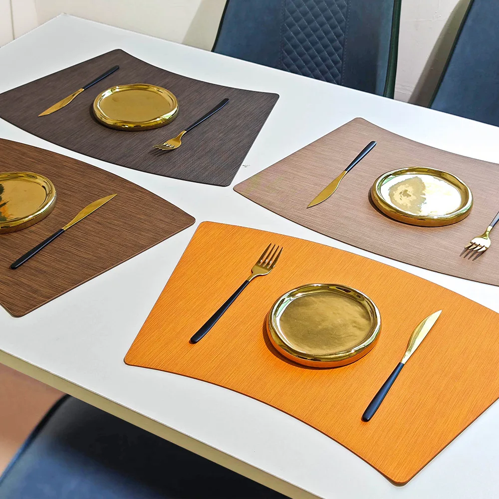 

Fan-shaped Large Round Table Insulating Mat Light Luxury Wood Grain Leather Pvc Placemats Waterproof Oilproof Dining Table Mats