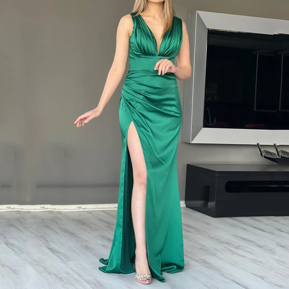 

V-Neck Panel Sheer Mesh Sleeveless Evening Gown Green Asymmetric Slit Pleated Elegant Women's Bridesmaid Dress Wedding Party