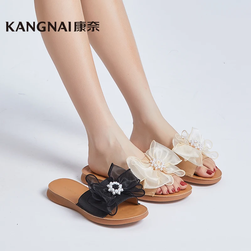 

Шлепанцы Kangnai женские уличные, коровья кожа, открытый носок, сланцы, бант-бабочка, плоская подошва, Повседневная летняя пляжная обувь