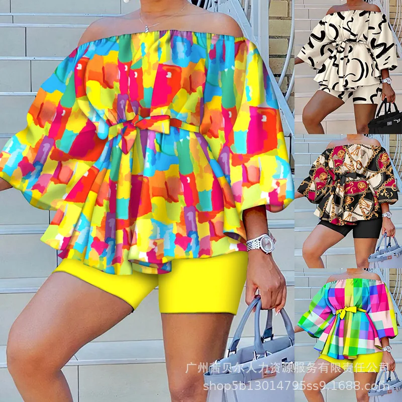 

Tie Dye Print Off Shoulder Belted Top & Shorts Set Women Spring Summer Slash Neck Blouse Tops High Waist Shorts Pants