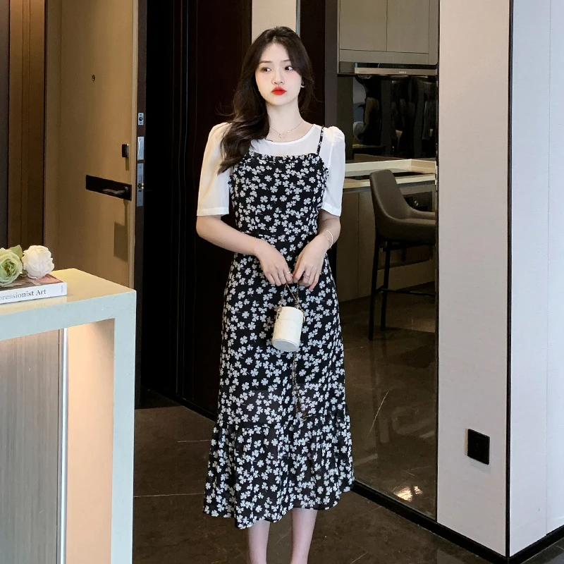 

Платье-миди с цветочным принтом и круглым вырезом, облегающий комплект из двух предметов с имитацией винтажа, лето 2023, женские корейские короткие платья с рукавами