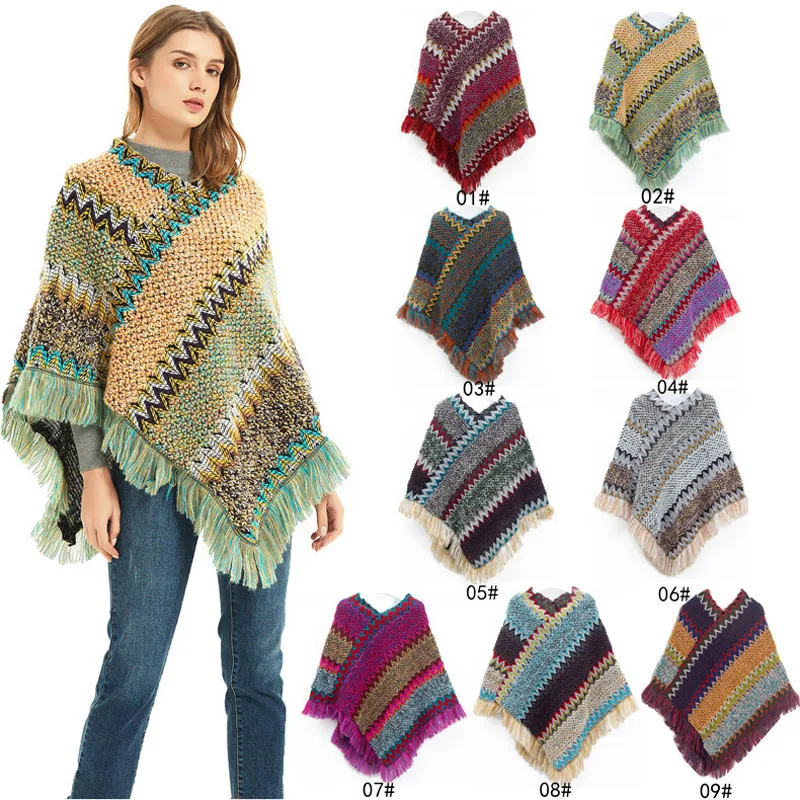 

Women Zig-Zag Knit Tassel Fringed Pullover Poncho Top With Stripe Patterns Fringes Sides Casual Sweater Cape Shawls Wrap Outwear