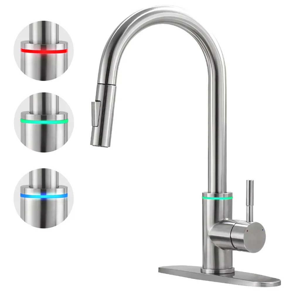 Brushed Nickel Kitchen Faucet Single Hole LED Style Pull Out Spout Kitchen Sink Stream Sprayer Head Black Mixer Tap LED 866006
Brushed Nickel Kitchen Faucet Single Hole LED Style Pull Out Spout Kitchen Sink Stream Sprayer Head Black Mixer Tap LED 866006