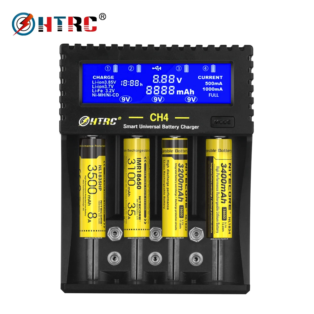 

HTRC 4 Slots Battery Charger LCD Smart Charger for Li-ion Li-fe Ni-MH Ni-CD AA/AAA/26650/6F22/16340/9V 18650 Battery Charger