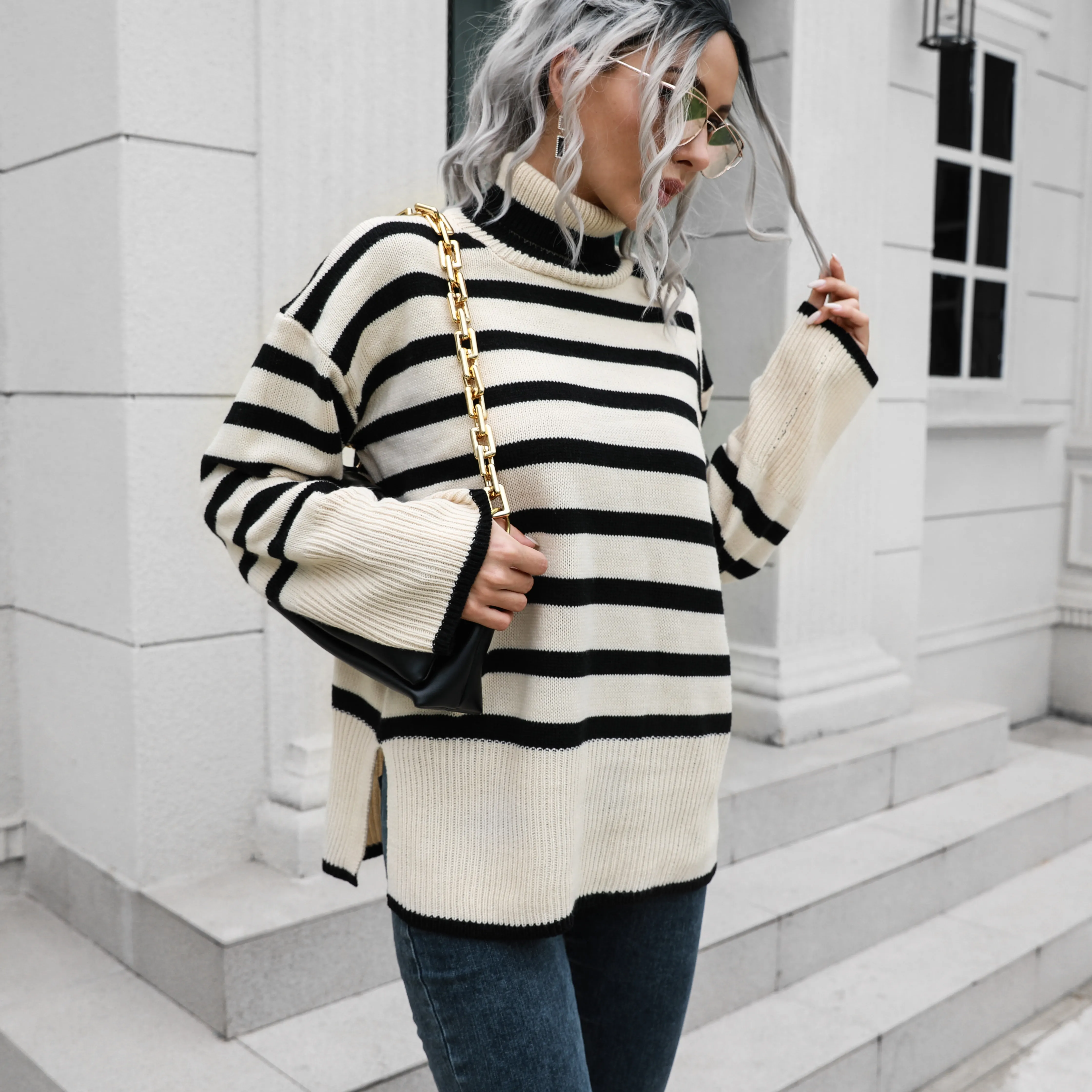 2023 Fashion High Neck Sweater Women's Loose Autumn/Winter New Striped Knitwear Coat Tops Y2k
2023 Fashion High Neck Sweater Women's Loose Autumn/Winter New Striped Knitwear Coat Tops Y2k