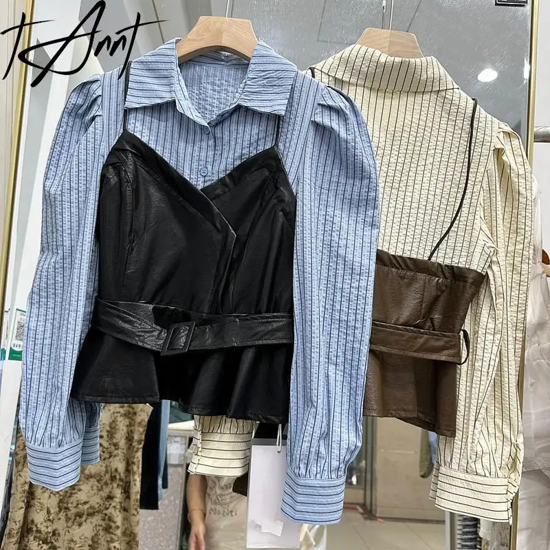 Tannt Women Shirt Pu Patchwork Fake Two Stripes Casual Shirts Blouses Long Sleeves Color Matching Short Blouses Tops Women 2023
Tannt Women Shirt Pu Patchwork Fake Two Stripes Casual Shirts Blouses Long Sleeves Color Matching Short Blouses Tops Women 2023
