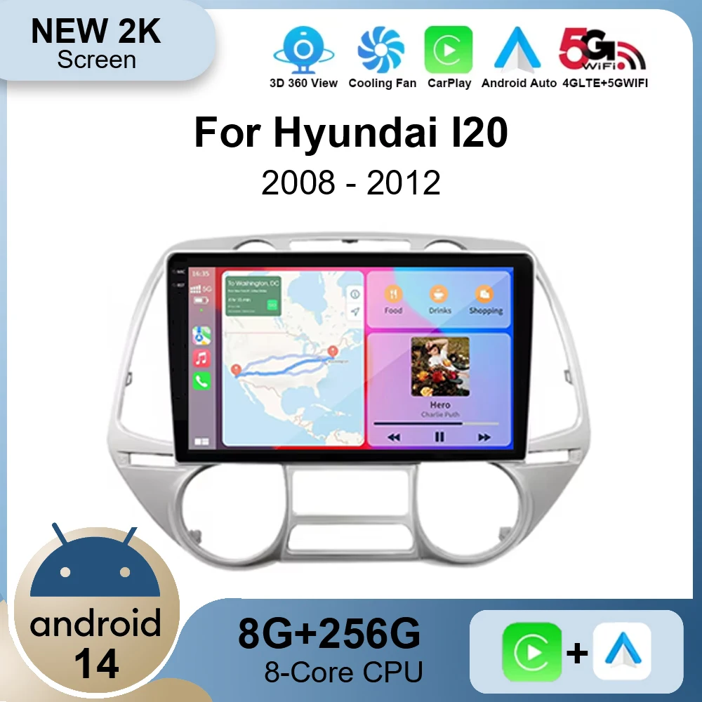 Android 14 для Hyundai I20 i20 2008-2014 Автомобильный радиоприемник Мультимедийная GPS-навигация