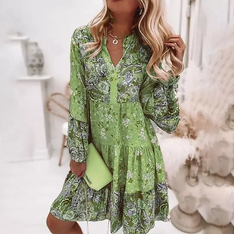 

2022New Floral Print Dress Women Elegant Flare Sleeve Splicing Ruffles Mini Dress Ladies V Neck Loose Bohemian Beach Dresses 202