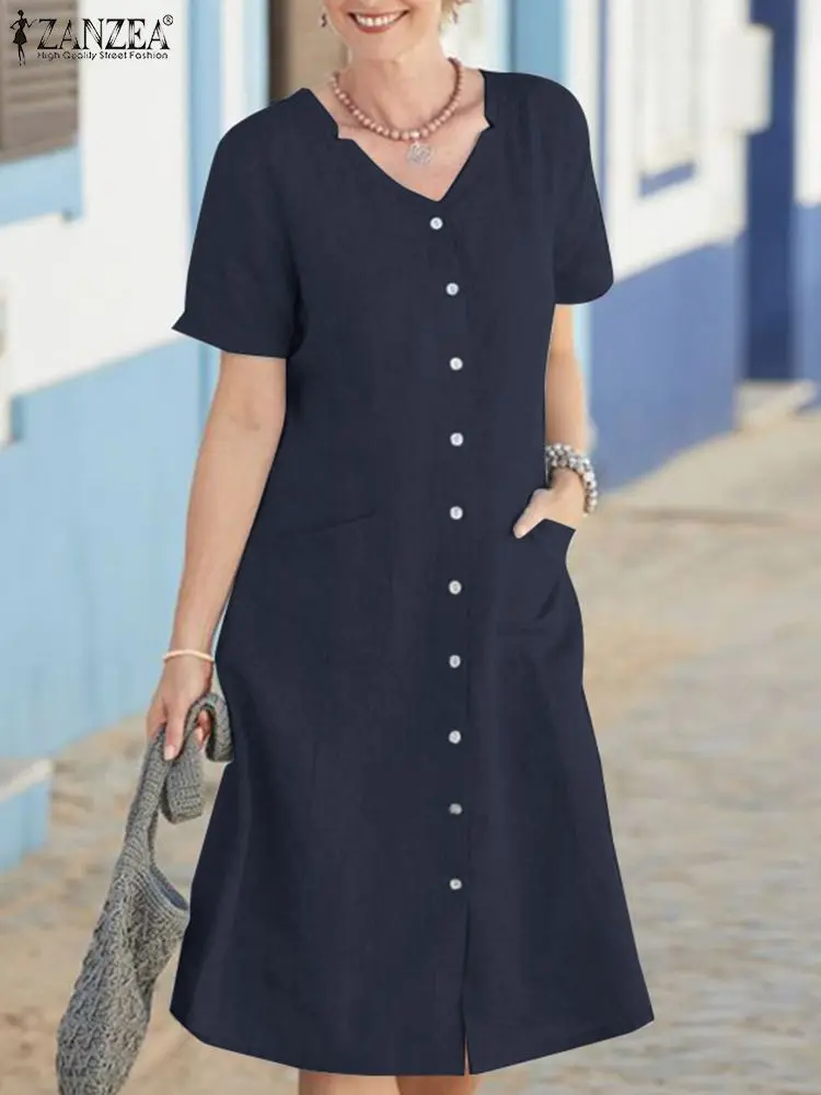ZANZEA Fashion Women Dress Summer Short Sleeve Sundress Solid Buttons Work Vestido V Neck Dresses Vinatge Cotton Robe Femme
ZANZEA Fashion Women Dress Summer Short Sleeve Sundress Solid Buttons Work Vestido V Neck Dresses Vinatge Cotton Robe Femme