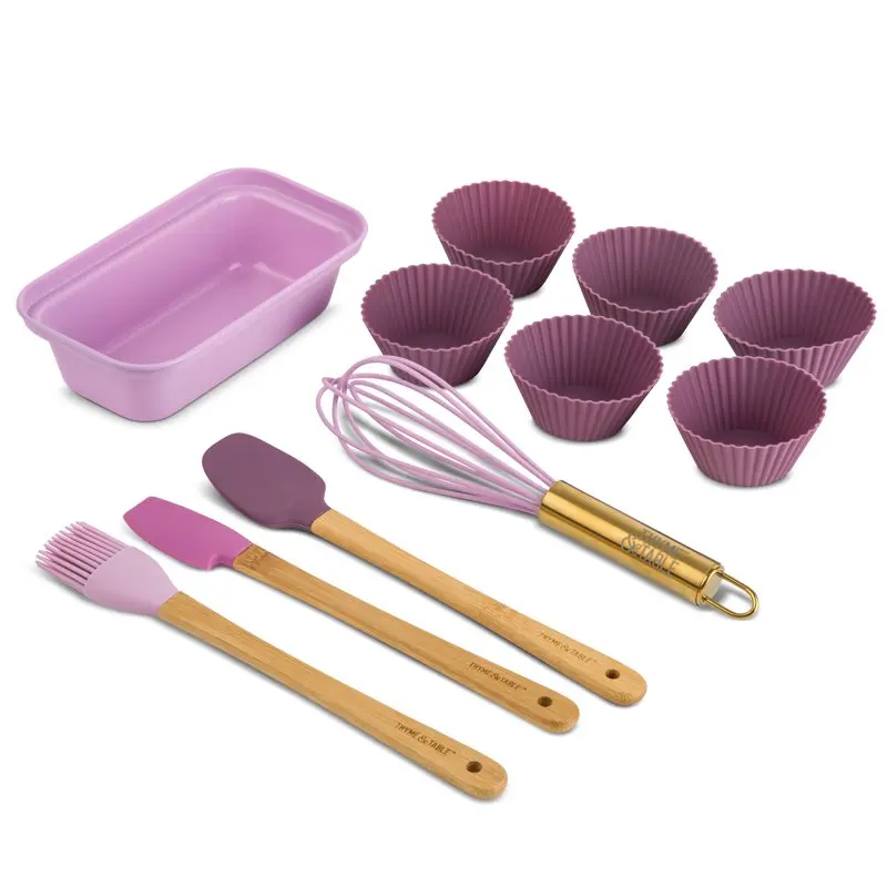 

Lavender 11 Pieces Kitchen Utensil Set with Whisk, Spatula, Mini Loaf Pan and Cupcake Liners - Create Delicious Dishes Easily!