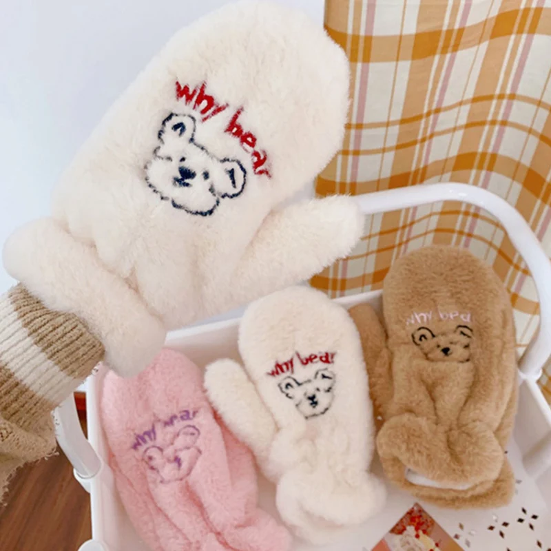 

Мягкие плюшевые перчатки с вышивкой медведя, женские зимние теплые утепленные митенки без пальцев для девочек, детские уличные Теплые подарки, варежки