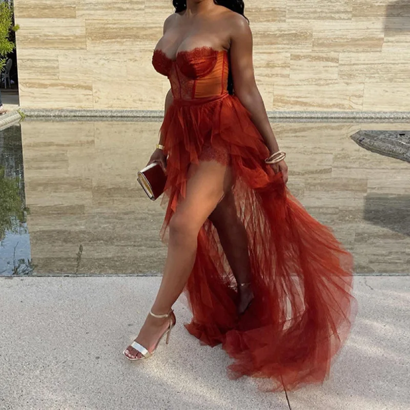 2022 Sexy Prom Dress Strapless Sweetheart High Split Evening Formal Party Dress Ruffle Tulle Vestidos De Noche
2022 Sexy Prom Dress Strapless Sweetheart High Split Evening Formal Party Dress Ruffle Tulle Vestidos De Noche