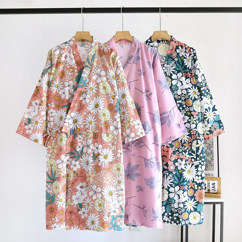 

Summer Thin Cotton Flower Printing Pajamas Robes for Women's Kimonos Bathrobes Cotton Cardigans Mid-long Sweat Steaming Clothes