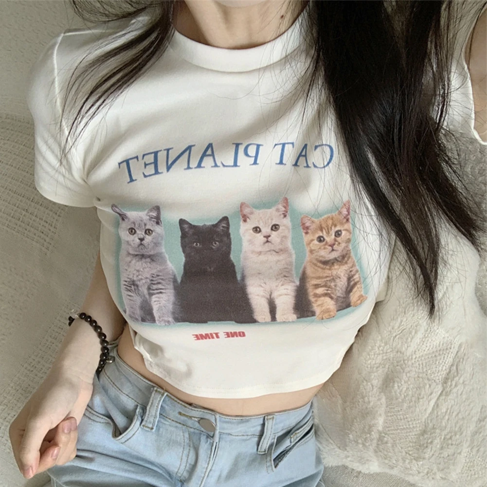 Cat Print Short Sleeve T-Shirt Bodycon Slim White Cute Sweet Crop Top Japan Harajuku Tee Casual T Shirt Summer Women Animals
Cat Print Short Sleeve T-Shirt Bodycon Slim White Cute Sweet Crop Top Japan Harajuku Tee Casual T Shirt Summer Women Animals