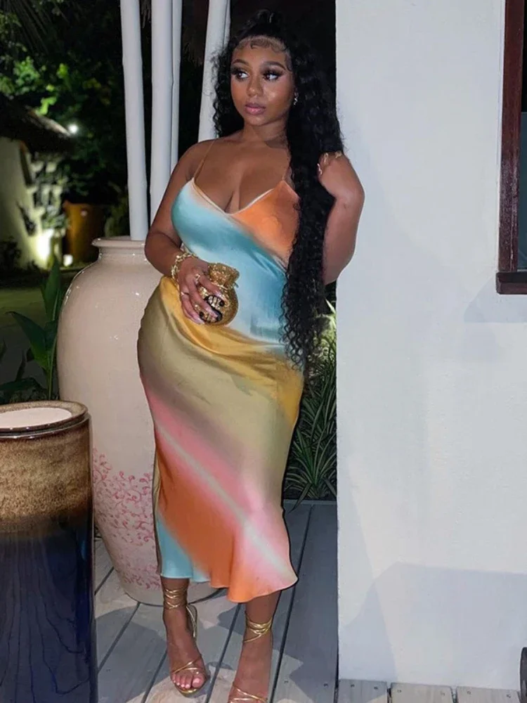 Women's Dress 2023 Summer New Style Temperament Sexy Long Skirt V-neck Backless Rainbow Contrast Print Slip Dress Women
Women's Dress 2023 Summer New Style Temperament Sexy Long Skirt V-neck Backless Rainbow Contrast Print Slip Dress Women