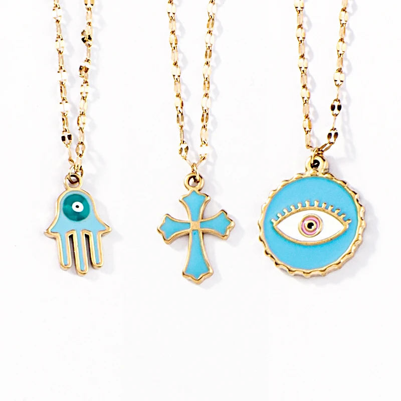 Stainless steel blue oil-dripping Devil's Eye cross pendant necklacegold-plated non-allergic and non-fading collarbone chain
Stainless steel blue oil-dripping Devil's Eye cross pendant necklacegold-plated non-allergic and non-fading collarbone chain