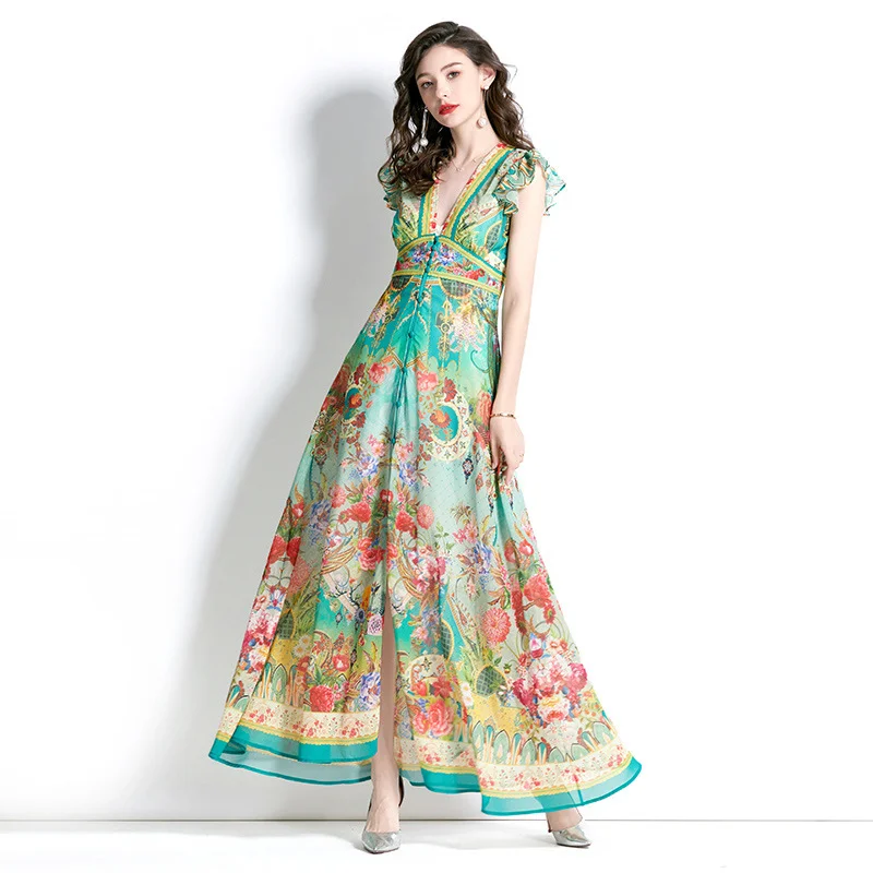 2023 Summer chiffon skirt retro deep V-neck small flying sleeve holiday printing long dress dresses dress for women summer dress
2023 Summer chiffon skirt retro deep V-neck small flying sleeve holiday printing long dress dresses dress for women summer dress
