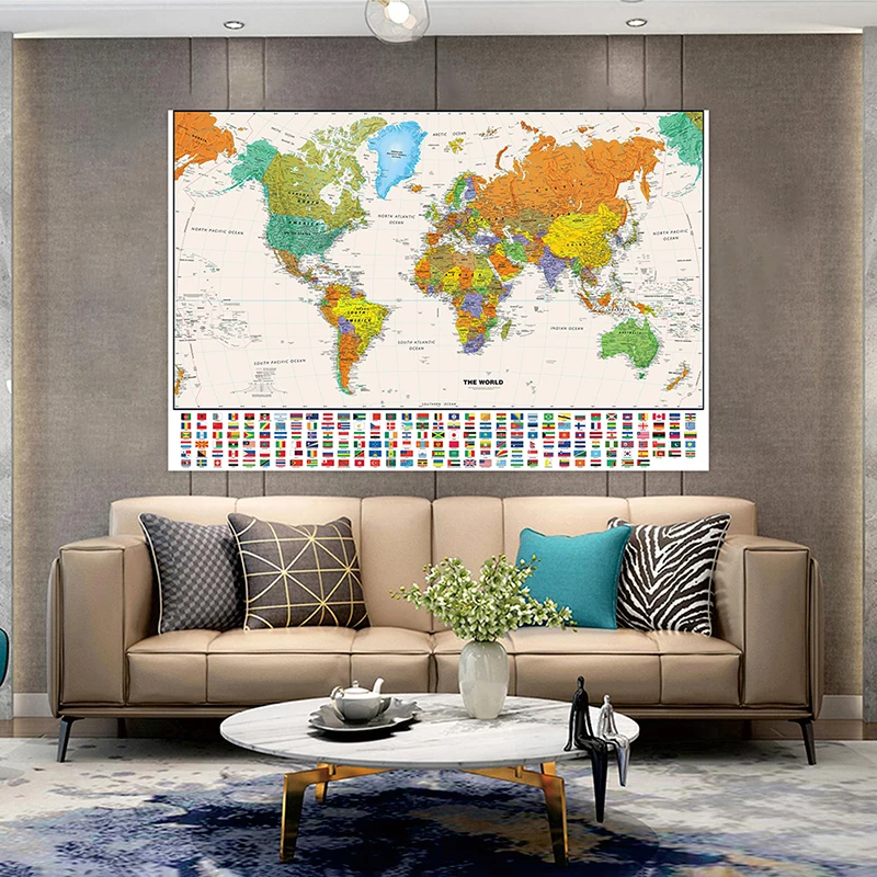 

120*80cm Vintage Map of The World with National Flags Retro World Globe Map Personalized Atlas Poster School Supplies Home Decor