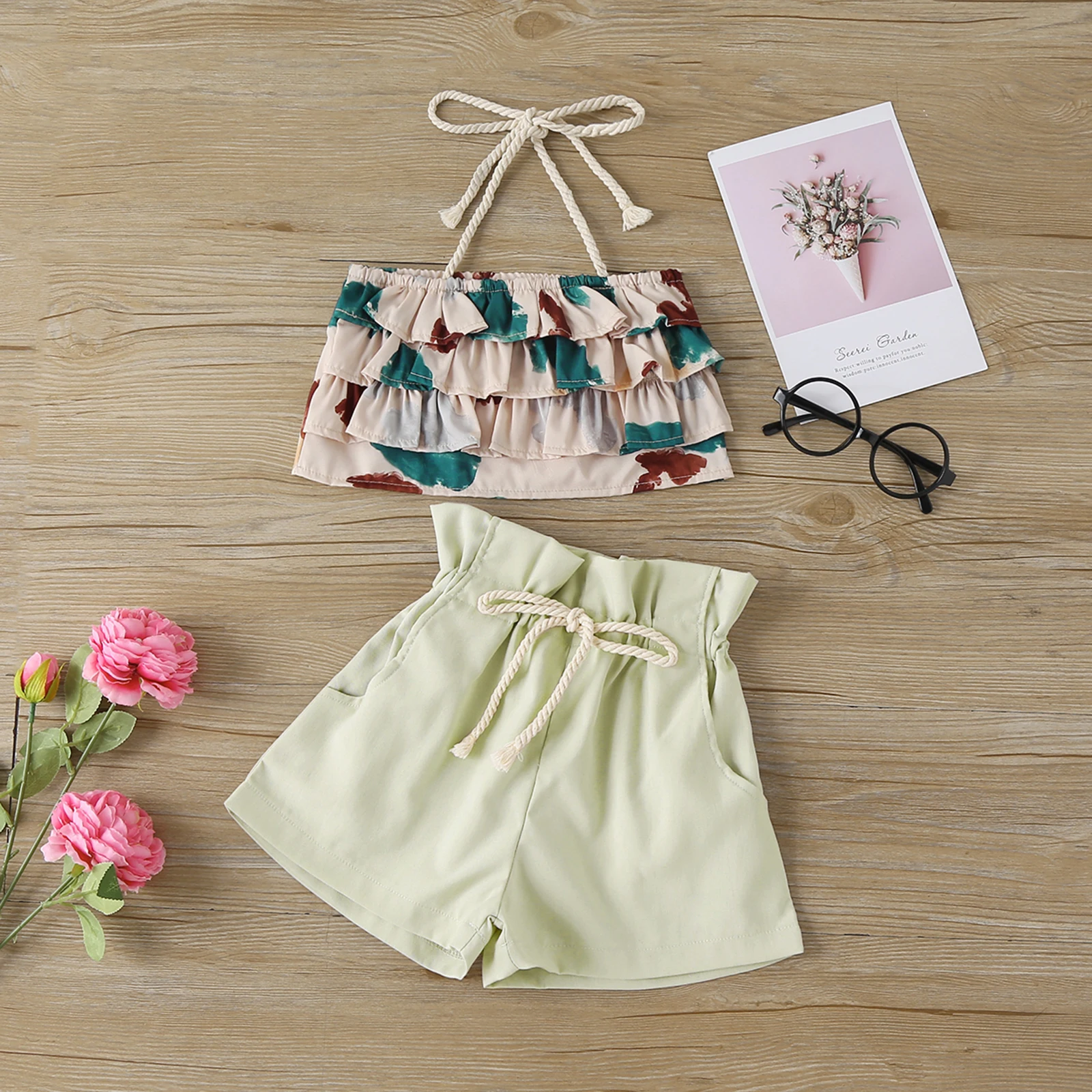Girls Summer 2Pcs Outfit Sets Girls Hanging Neck Layered Ruffle Tops Beige Shorts with Pockets Sets Girls Summer Cute Clothing
Girls Summer 2Pcs Outfit Sets Girls Hanging Neck Layered Ruffle Tops Beige Shorts with Pockets Sets Girls Summer Cute Clothing