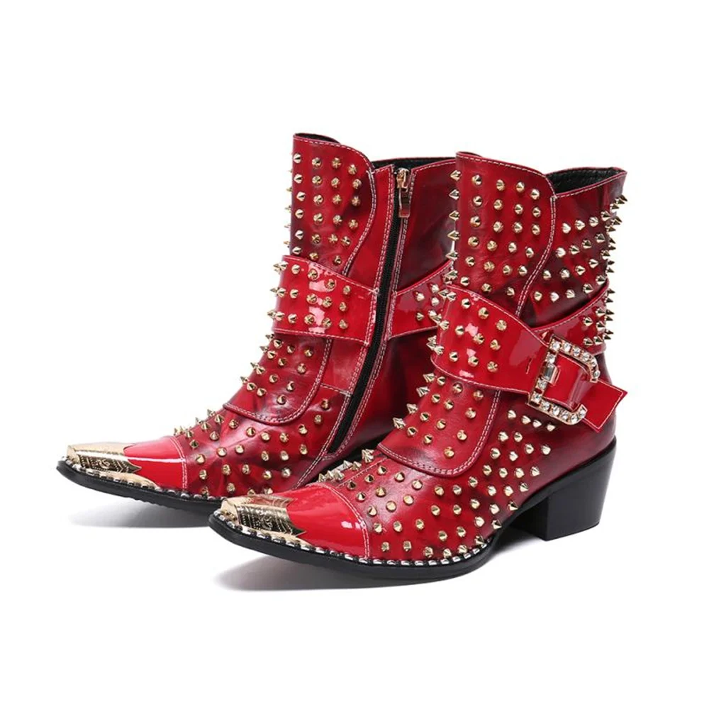 Punk Red Black Rivet With Metal Buckle Zipper Men Genuine Leather Pointed Toe Ankle Boots Plus Size 46 Motorcycle Cowboy Shoes
Punk Red Black Rivet With Metal Buckle Zipper Men Genuine Leather Pointed Toe Ankle Boots Plus Size 46 Motorcycle Cowboy Shoes