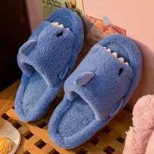 Comwarm Autumn And Winter Cartoon Shark Wool Slippers For Women Soft Home Mens Indoor Household Open Toe Plush Cotton Slippers